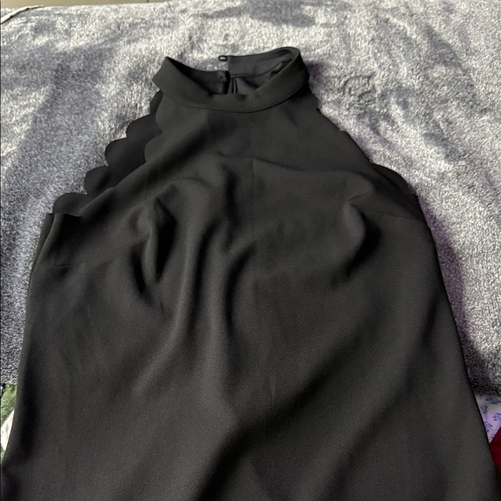 One-Shoulder Black Scallop Dress with High Neck